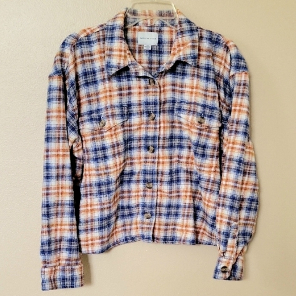 American Eagle Womens Blue Orange Cropped Plaid Flannel Shirt - Size Large